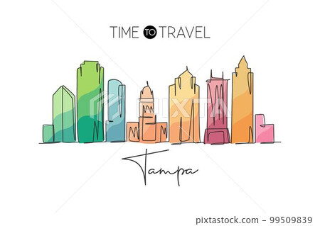One continuous line drawing Tampa city skyline, United States. Beautiful landmark. World landscape tourism travel vacation poster. Editable stylish stroke single line draw design vector illustration One continuous line drawing Tampa city skyline, United States. Beautiful landmark. World landscape tourism travel vacation poster. Editable stylish stroke single line draw design vector illustration 99509839