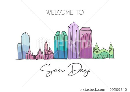 Single continuous line drawing of San Diego city skyline, USA. Famous city scraper and landscape. World travel concept home wall decor poster print art. Modern one line draw design vector illustration Single continuous line drawing of San Diego city skyline, USA. Famous city scraper and landscape. World travel concept home wall decor poster print art. Modern one line draw design vector illustration 99509840