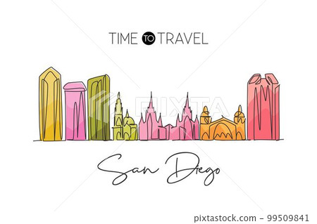 One single line drawing of San Diego city skyline, United States. Historical landscape in world. Best holiday destination poster. Editable stroke trendy continuous line draw design vector illustration 99509841