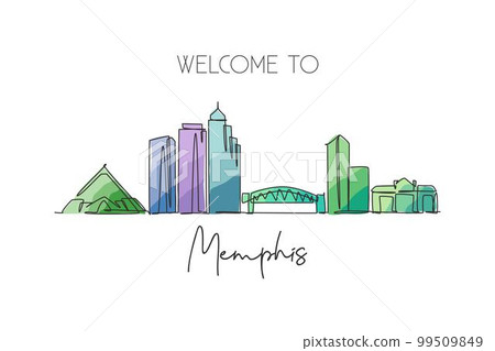 Single continuous line drawing of Memphis city skyline, USA. Famous city scraper and landscape. World travel concept home wall decor poster print art. Modern one line draw design vector illustration 99509849