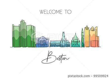 One single line drawing Boston city skyline, United States. Historical town landscape in world. Best holiday destination wall decor art. Editable trendy continuous line draw design vector illustration 99509924