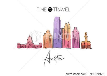 Single continuous line drawing of Austin city skyline, USA. Famous city scraper and landscape. World travel concept home decor wall art poster print. Modern one line draw design vector illustration 99509926