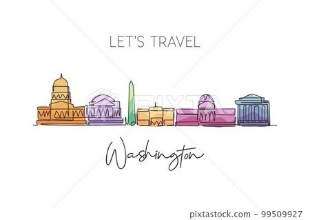 Single continuous line drawing of Washington city skyline, USA. Famous city scraper landscape. World travel concept home wall decor poster print art. Modern one line draw design vector illustration 99509927