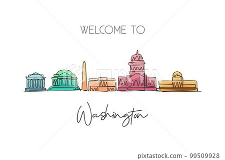 One continuous line drawing of Washington city skyline, United States. Beautiful landmark. World landscape tourism vacation poster print wall decor. Stylish single line draw design vector illustration 99509928