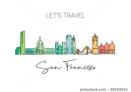 One single line drawing of San Francisco city skyline, USA. Historical town landscape in the world. Best holiday destination poster wall decor. Trendy continuous line draw design vector illustration One single line drawing of San Francisco city skyline, USA. Historical town landscape in the world. Best holiday destination poster wall decor. Trendy continuous line draw design vector illustration 99509932