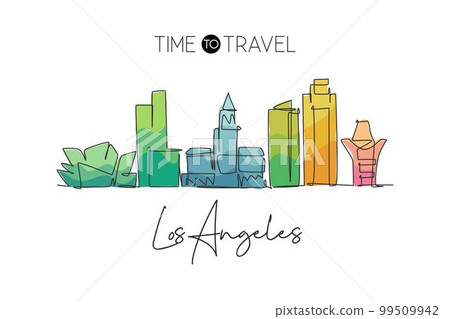 Single continuous line drawing of Los Angeles city skyline, United States. Famous city landscape. World travel concept home wall decor poster print art. Modern one line draw design vector illustration 99509942