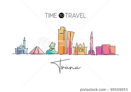 One single line drawing of city Tirana skyline, Albania. Historical town landscape in the world. Best holiday destination poster. Editable stroke trendy continuous line draw design vector illustration One single line drawing of city Tirana skyline, Albania. Historical town landscape in the world. Best holiday destination poster. Editable stroke trendy continuous line draw design vector illustration 99509955