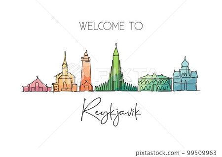 One single line drawing of Reykjavik city skyline, Iceland. Historical town landscape in world. Best holiday destination poster. Editable stroke trendy continuous line draw design vector illustration One single line drawing of Reykjavik city skyline, Iceland. Historical town landscape in world. Best holiday destination poster. Editable stroke trendy continuous line draw design vector illustration 99509963