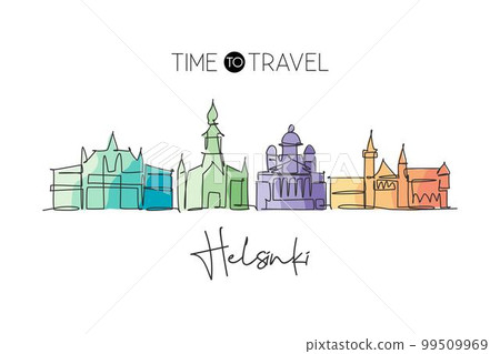One continuous line drawing of Helsinki city skyline, Finland. Beautiful landmark. World landscape tourism travel vacation poster. Editable stylish stroke single line draw design vector illustration 99509969