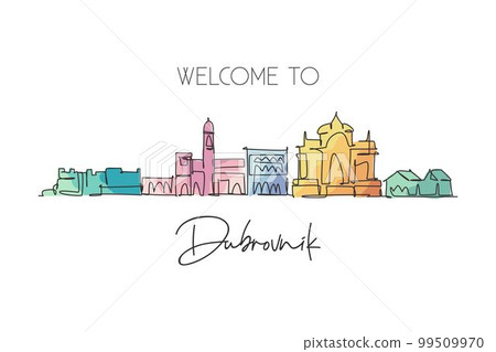 One continuous line drawing of Dubrovnik city skyline, Croatia. Beautiful landmark. World landscape tourism travel vacation poster. Editable stylish stroke single line draw design vector illustration 99509970