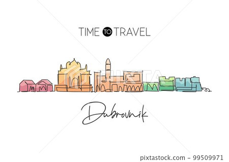 Single continuous line drawing of Dubrovnik city skyline, Croatia. Famous city scraper landscape. World travel concept home wall decor poster print art. Modern one line draw design vector illustration 99509971