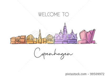 One single line drawing Copenhagen city skyline, Denmark. Historical town landscape in world. Best holiday destination wall decor poster print. Trendy continuous line draw design vector illustration 99509972