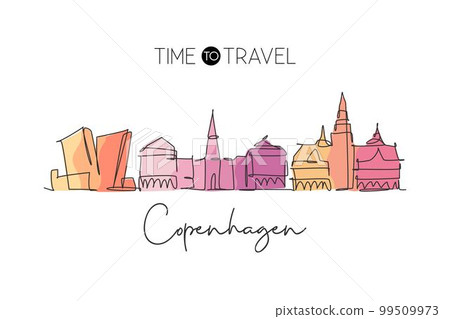 One continuous line drawing of Copenhagen city skyline, Denmark. Beautiful landmark. World landscape tourism travel vacation poster. Editable stylish stroke single line draw design vector illustration One continuous line drawing of Copenhagen city skyline, Denmark. Beautiful landmark. World landscape tourism travel vacation poster. Editable stylish stroke single line draw design vector illustration 99509973