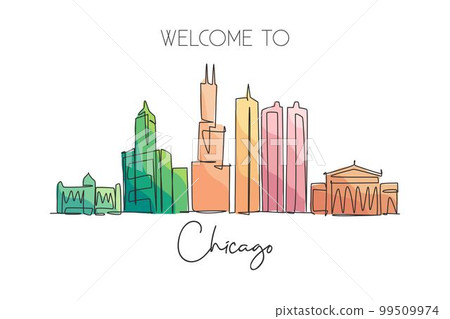 Single continuous line drawing of Chicago city skyline, USA. Famous city scraper and landscape. World travel concept home wall decor poster print art. Modern one line draw design vector illustration 99509974