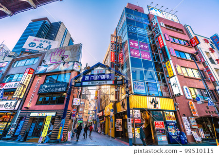 Tokyo cityscape in Japan Looking at the west exit shopping street from the front of Kanda station Tokyo cityscape in Japan Looking at the west exit shopping street from the front of Kanda station 99510115
