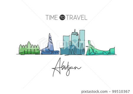 One single line drawing Abidjan city skyline, Ivory Coast. Historical town landscape in world postcard. Best holiday destination. Editable stroke trendy continuous line draw design vector illustration One single line drawing Abidjan city skyline, Ivory Coast. Historical town landscape in world postcard. Best holiday destination. Editable stroke trendy continuous line draw design vector illustration 99510367