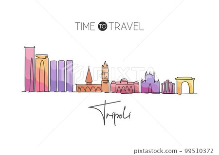 Single continuous line drawing of Tripoli city skyline, Libya. Famous city scraper and landscape home wall decor art poster print. World travel concept. Modern one line draw design vector illustration Single continuous line drawing of Tripoli city skyline, Libya. Famous city scraper and landscape home wall decor art poster print. World travel concept. Modern one line draw design vector illustration 99510372