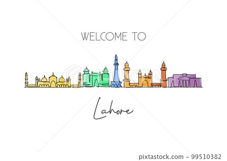 Single continuous line drawing of Lahore city skyline, Pakistan. Famous city scraper landscape home decor wall art poster print. World travel concept. Modern one line draw design vector illustration Single continuous line drawing of Lahore city skyline, Pakistan. Famous city scraper landscape home decor wall art poster print. World travel concept. Modern one line draw design vector illustration 99510382