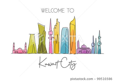Single continuous line drawing of Kuwait city skyline Middle East. Famous city scraper and landscape home decor wall poster print. World travel concept. Modern one line draw design vector illustration Single continuous line drawing of Kuwait city skyline Middle East. Famous city scraper and landscape home decor wall poster print. World travel concept. Modern one line draw design vector illustration 99510386