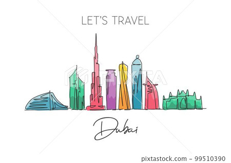 One single line drawing of Dubai city skyline, United Arab Emirates. Historical landscape postcard art. Best holiday destination. Editable stroke trendy continuous line draw design vector illustration 99510390