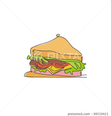 One continuous line drawing of fresh delicious American sandwich restaurant logo emblem. Fast food cafe shop logotype template concept. Modern single line draw design vector graphic illustration 99510421