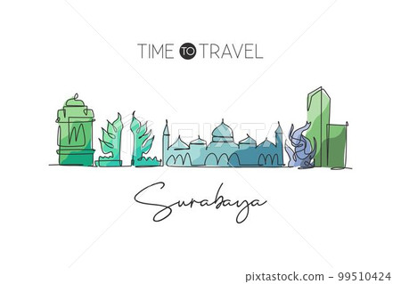 One continuous line drawing of Surabaya city skyline, Indonesia. Beautiful city landmark. World landscape tourism travel vacation. Editable stylish single line draw design graphic vector illustration 99510424