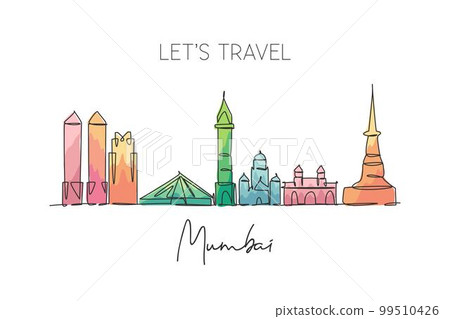 Single continuous line drawing of Mumbai city skyline, India. Famous city scraper and landscape postcard. World travel concept. Editable stroke modern one line draw design graphic vector illustration Single continuous line drawing of Mumbai city skyline, India. Famous city scraper and landscape postcard. World travel concept. Editable stroke modern one line draw design graphic vector illustration 99510426