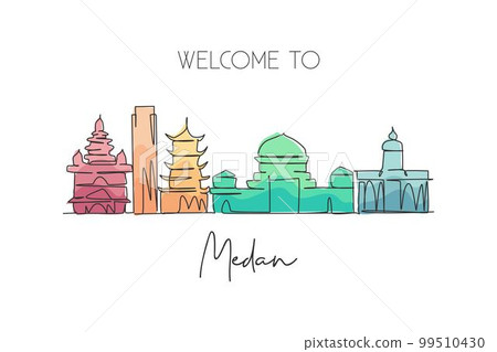 Single continuous line drawing of Medan city skyline, Indonesia. Famous city scraper and landscape postcard print. World travel concept. Editable stroke modern one line draw design vector illustration 99510430