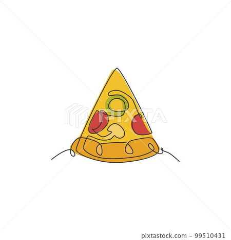 Single continuous line drawing Italian pizza logo label. Emblem fast food pizzeria restaurant concept. Modern one line draw design vector graphic illustration for cafe, shop or food delivery service 99510431