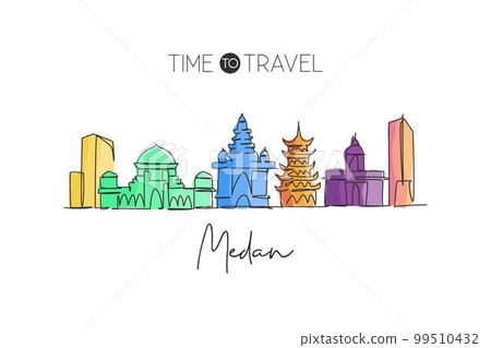 One continuous line drawing Medan city skyline Indonesia. Beautiful city landmark home decor wall art poster print. World landscape tourism travel vacation. Single line draw design vector illustration 99510432