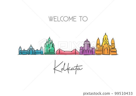 One single line drawing of Kolkata city skyline, India. Historical town landscape in the world. Best holiday destination. Editable stroke trendy continuous line draw design vector graphic illustration 99510433
