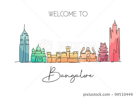 Single continuous line drawing Bangalore city skyline, India. Famous city scraper and landscape home decor wall art poster print. World travel concept. Modern one line draw design vector illustration Single continuous line drawing Bangalore city skyline, India. Famous city scraper and landscape home decor wall art poster print. World travel concept. Modern one line draw design vector illustration 99510449