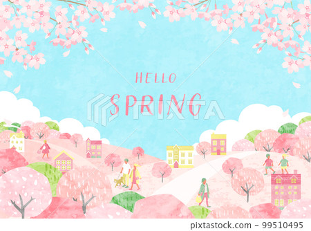 Vector illustration background of the cityscape of spring with cherry blossoms and people 99510495