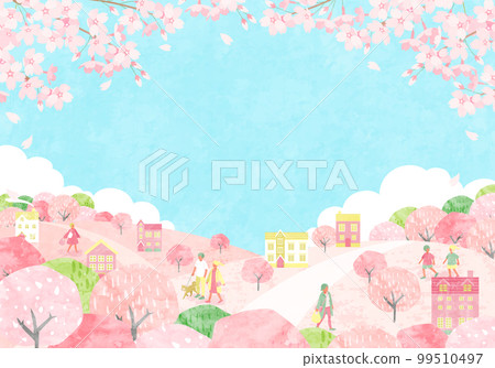 春天的城市景觀矢量圖背景與櫻花和人 99510497