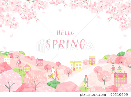 Vector illustration background of the cityscape of spring with cherry blossoms and people 99510499