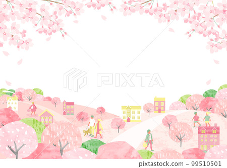 Vector illustration background of the cityscape of spring with cherry blossoms and people 99510501