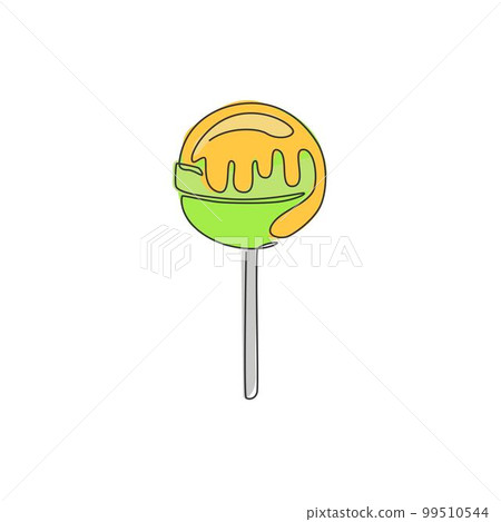 One continuous line drawing of sweet delicious online round lollipop candy shop logo emblem. Confectionery store logotype template concept. Modern single line draw design vector graphic illustration One continuous line drawing of sweet delicious online round lollipop candy shop logo emblem. Confectionery store logotype template concept. Modern single line draw design vector graphic illustration 99510544