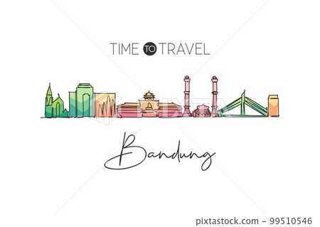 One single line drawing of Bandung city skyline, India. Historical town landscape home decor wall art poster print. Best holiday destination. Continuous line draw design vector graphic illustration One single line drawing of Bandung city skyline, India. Historical town landscape home decor wall art poster print. Best holiday destination. Continuous line draw design vector graphic illustration 99510546