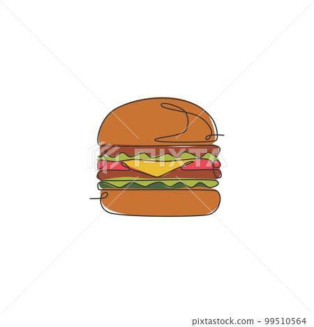 One continuous line drawing of fresh delicious American cheeseburger restaurant logo badge. Fast food burger cafe shop logotype template concept. Modern single line draw design vector illustration 99510564