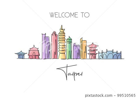 One continuous line drawing of Taipei city skyline, Taiwan. Beautiful landmark. World landscape tourism and travel vacation. Editable stylish stroke single line draw design graphic vector illustration 99510565