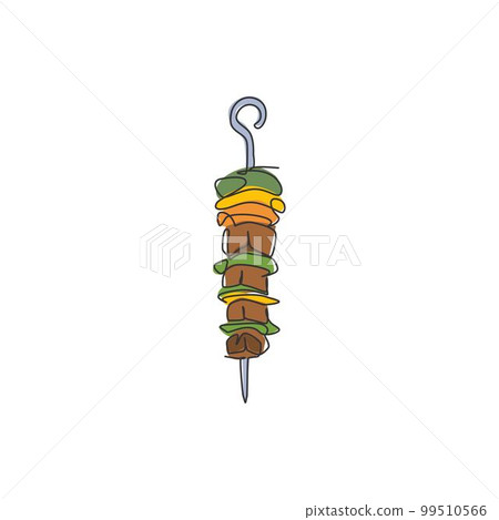 One continuous line drawing of fresh hot delicious Turkish kebab restaurant logo emblem. Traditional Turkey food cafe shop logotype template concept. Modern single line draw design vector illustration 99510566