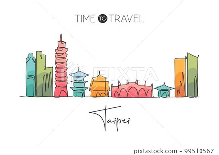 Single continuous line drawing of Taipei city skyline, Taiwan. Famous city scraper and landscape home wall decor art poster print. World travel concept. Modern one line draw design vector illustration Single continuous line drawing of Taipei city skyline, Taiwan. Famous city scraper and landscape home wall decor art poster print. World travel concept. Modern one line draw design vector illustration 99510567