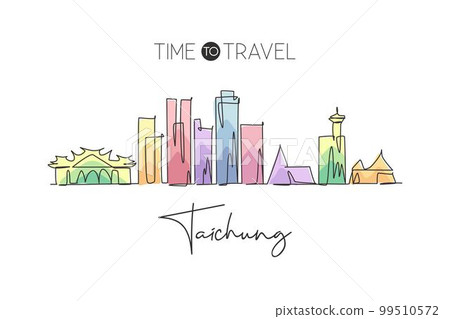 One continuous line drawing of Taichung city skyline, Taiwan. Beautiful landmark. World landscape tourism and travel vacation. Editable stylish stroke single line draw design vector illustration 99510572