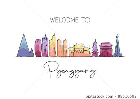 One single line drawing Pyongyang city skyline North Korea. Historical town landscape. Best holiday destination home wall decor art poster print. Trendy continuous line draw design vector illustration 99510592