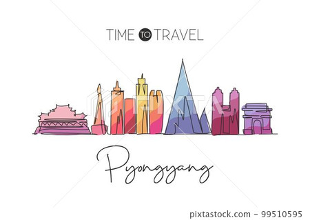 One continuous line drawing of Pyongyang city skyline, North Korea. Beautiful landmark. World landscape tourism and travel vacation. Editable stylish stroke single line draw design vector illustration One continuous line drawing of Pyongyang city skyline, North Korea. Beautiful landmark. World landscape tourism and travel vacation. Editable stylish stroke single line draw design vector illustration 99510595