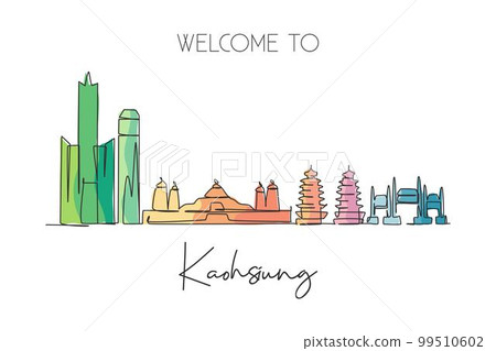 One continuous line drawing of Kaohsiung city skyline, Taiwan. Beautiful landmark. World landscape tourism and travel vacation. Editable stylish stroke art single line draw design vector illustration 99510602