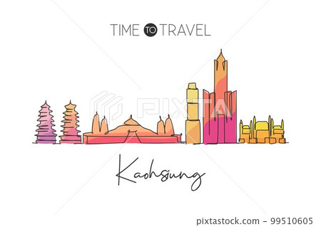 Single continuous line drawing of Kaohsiung city skyline, Taiwan. Famous city scraper landscape home wall decor art poster print. World travel concept. Modern one line draw design vector illustration Single continuous line drawing of Kaohsiung city skyline, Taiwan. Famous city scraper landscape home wall decor art poster print. World travel concept. Modern one line draw design vector illustration 99510605