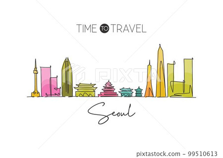 One continuous line drawing of Seoul city skyline, South Korea. Beautiful landmark home decor poster print. World landscape tourism travel vacation. Stylish single line draw design vector illustration 99510613