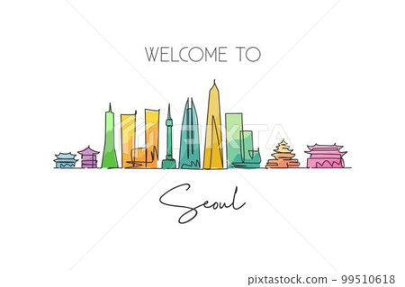 One single line drawing of Seoul city skyline, South Korea. World town landscape postcard print. Best place holiday destination. Editable stroke trendy continuous line draw design vector illustration One single line drawing of Seoul city skyline, South Korea. World town landscape postcard print. Best place holiday destination. Editable stroke trendy continuous line draw design vector illustration 99510618