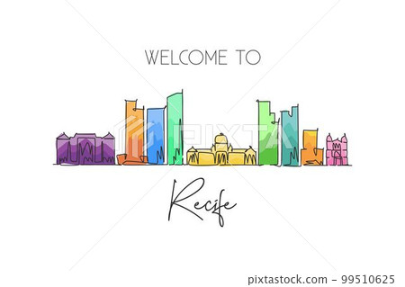 One single line drawing of Recife city skyline, Brazil. World historical town landscape postcard. Best place holiday destination. Editable stroke trendy continuous line draw design vector illustration One single line drawing of Recife city skyline, Brazil. World historical town landscape postcard. Best place holiday destination. Editable stroke trendy continuous line draw design vector illustration 99510625